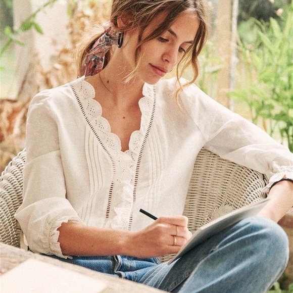 Just Tang Tops - 🔮 100% Linen Romantic Style Blouse (L)